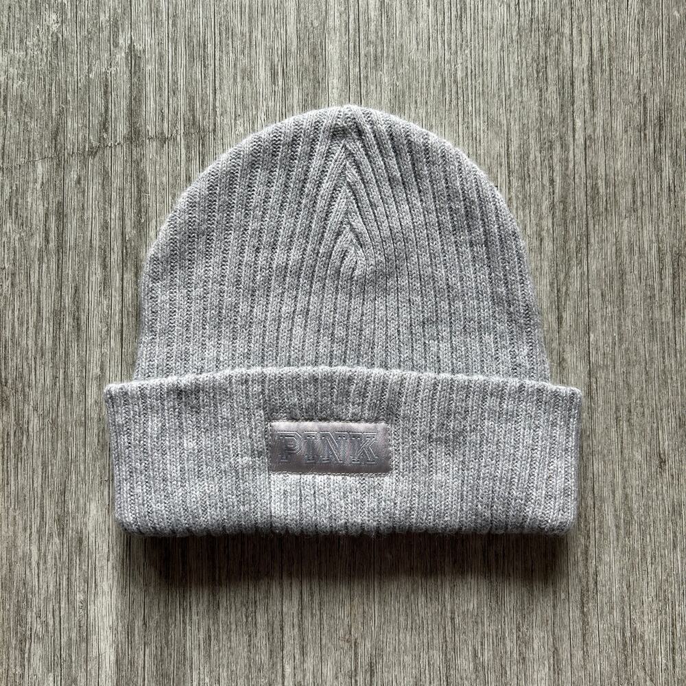 PINK Victoria’s Secret Gray Ribbed Cuffed Cozy Knit Beanie Winter Hat One Size